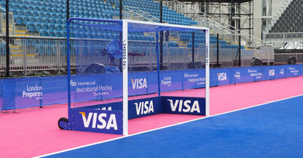 Harrod UK's blue integrally weighted hockey goal, as used at the London 2012 Olympic Games