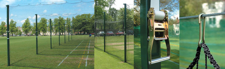 Cricket net winch system, showing the tensioning winch and wire.