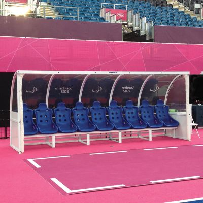 4m Superior Team Shelter (Floor Fixed) c/w 7 Blue Seats