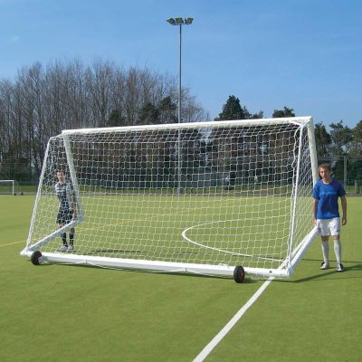 Pair of 4.88m x 2.13m 9 v 9 Rollaway Weighted Ali Portagoals c/w Nets